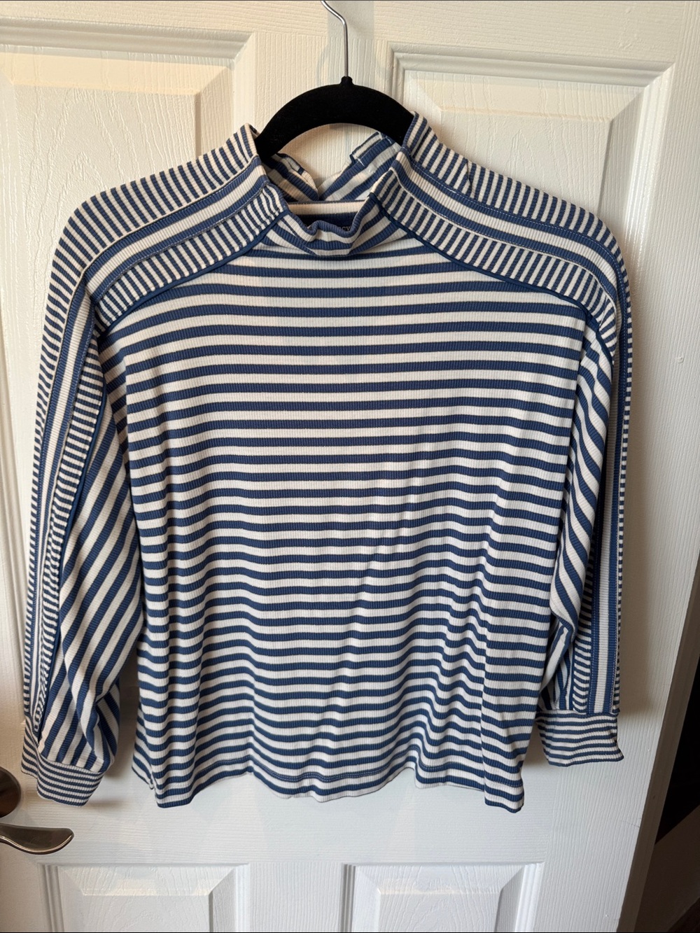 Democracy Blue and White Striped Long-Sleeve Mock Neck Top